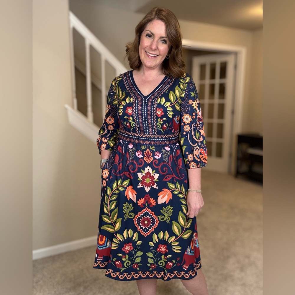 BloomChic Navy Floral Midi Dress with Multicolor Print